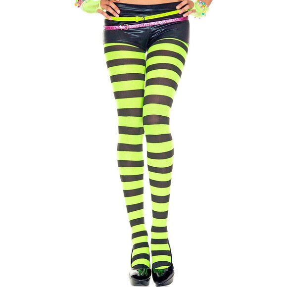 Wide Striped Nylon Tights Womens One Size OS Neon Green/Black Pantyhose Hosiery - Picture 1 of 5